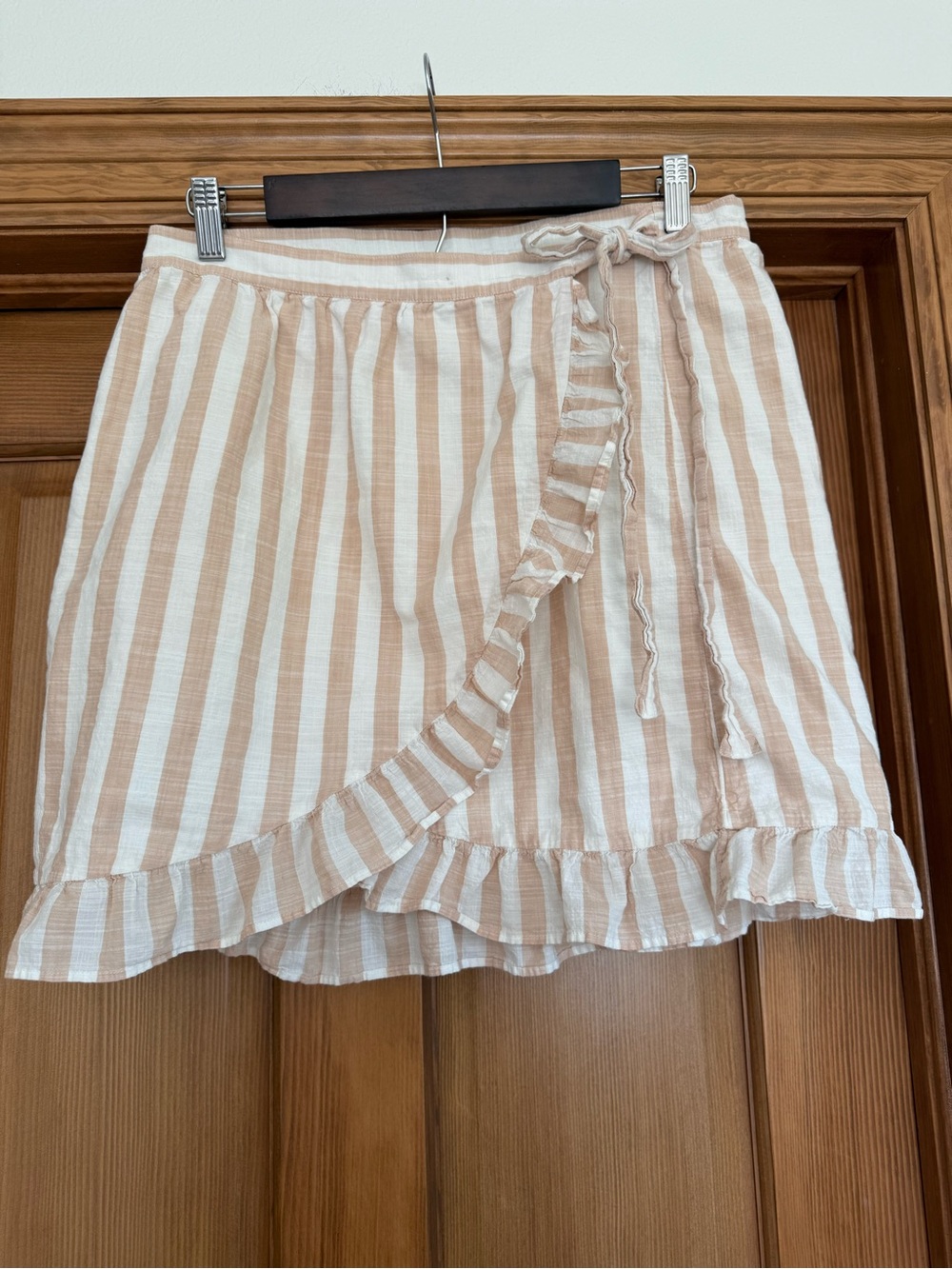 J. Crew Beige & White Striped Ruffle Wrap Mini Skirt